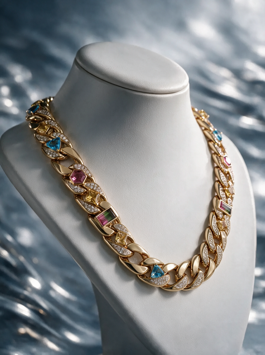 Gem-set Cuban link necklace presented on a white jewelry bust