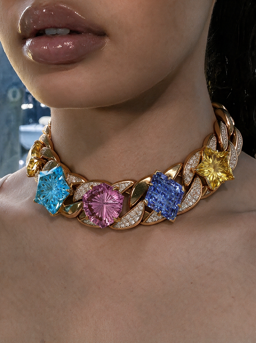 Model wearing a colourful gem-set Cuban link necklace