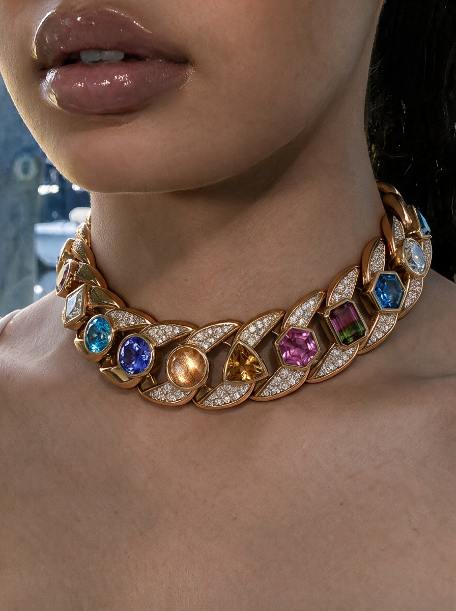 Close-up of a model wearing a multicolour gem-set Cuban link necklace