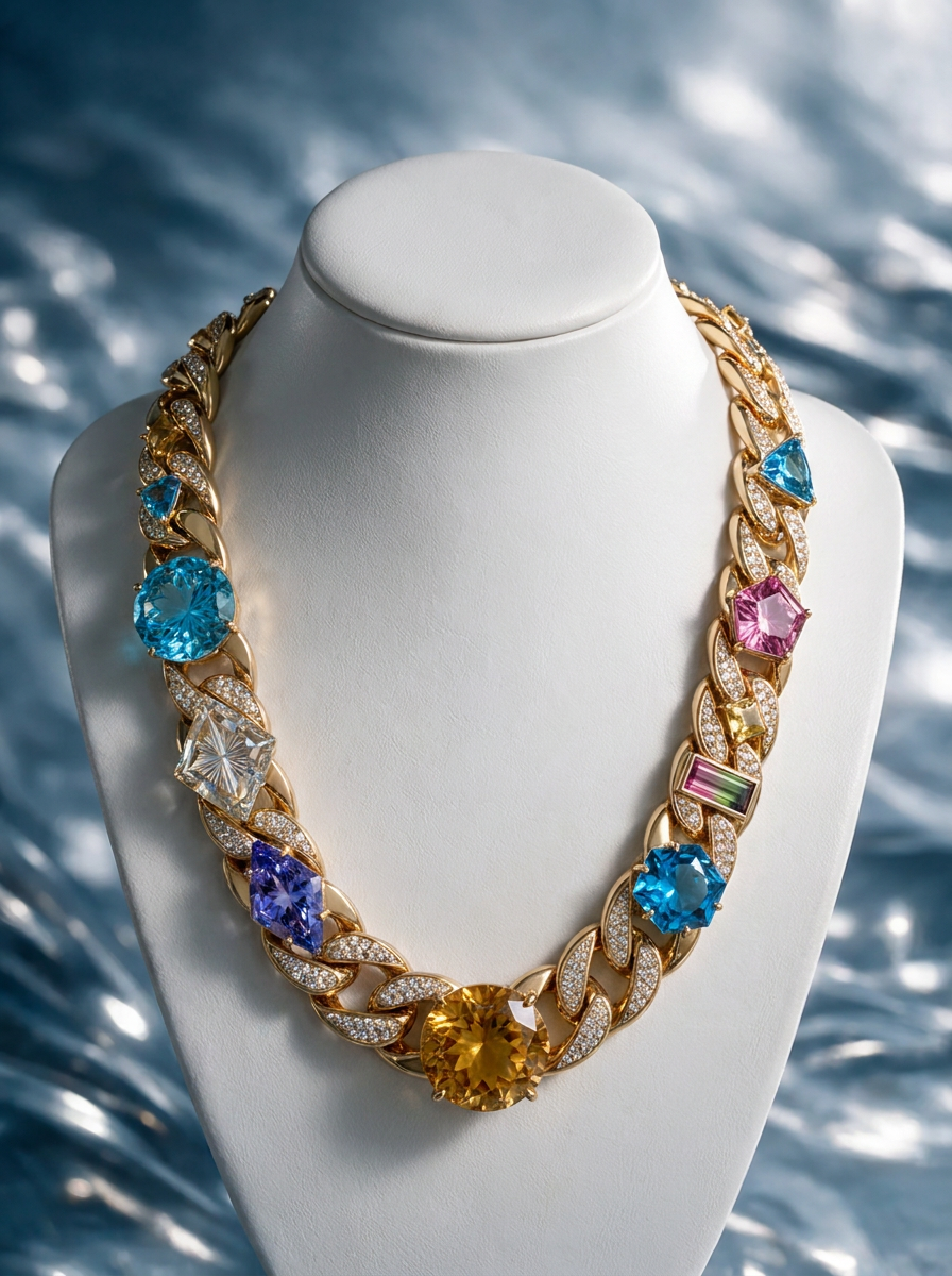 Centred gem-set Cuban link necklace on a jewelry form