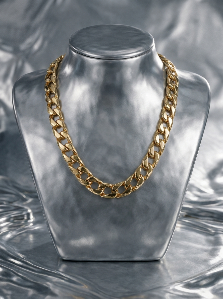 Gold Cuban link chain presented on a jewelry form