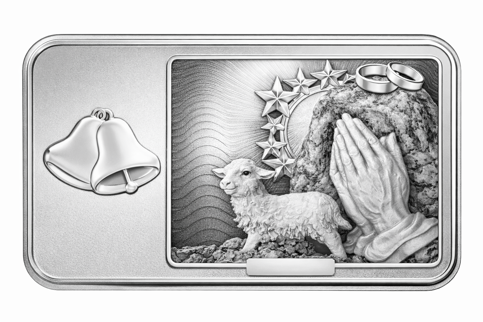 Silver dedication bar design with wedding bells, rings, stars, a lamb, and a memorial scene
